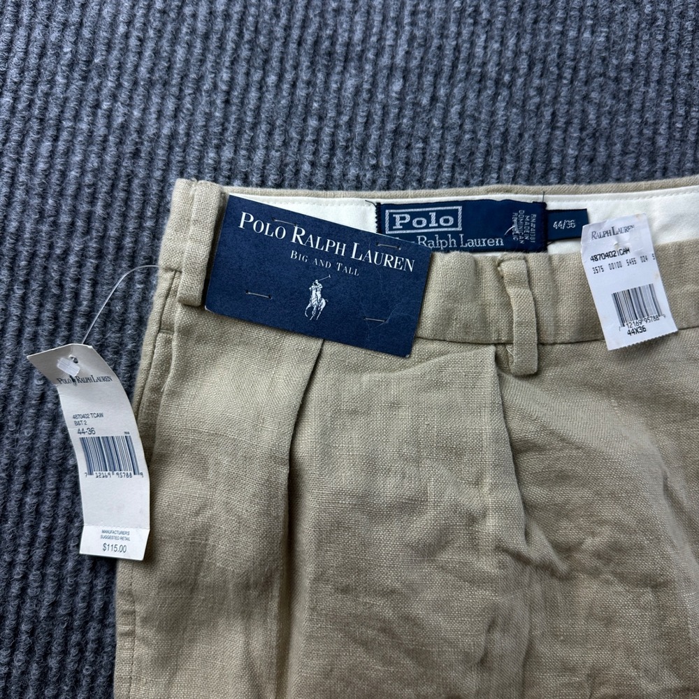 Polo Ralph Lauren Men 44x36 Tan 100% Linen Pleated Cuffed Dress Pants Big & Tall - Picture 4 of 10